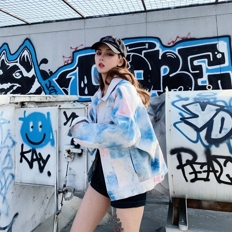 

Hip hop streetwear denim coat women new Outerwear loose jean jacket Spring autumn Caixia tie dye oversized women's denim jacket