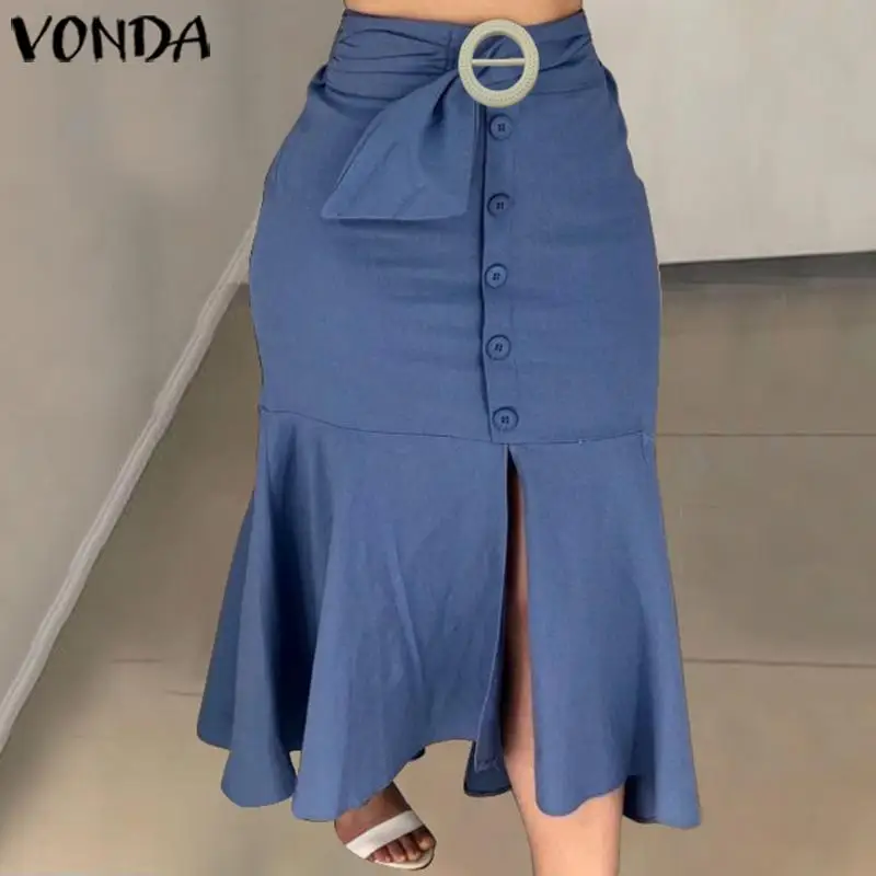 Элегантные женские юбки VONDA 2020 летняя женская сексуальная юбка с поясом разрезом