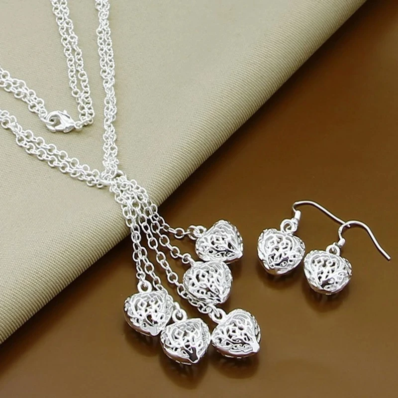 

925 Sterling Silver Hollow Heart Ball Necklace Earring Set For Woman Wedding Engagement Party Fashion Charm Jewelry