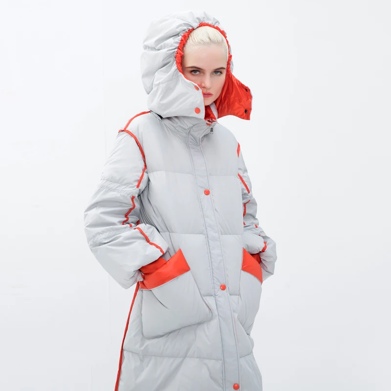Girls' Coat Length 2022 Winter Korean Fashion Pocket Design Contrast Color Hooded Loose Large Size Down Jacket Gray enlarge