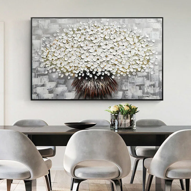 

Hand-Painted Art 3D Oil Painting on Canvas Original White Cherry Flower Bouquet Palette Knife Painting Heavy Textured Acrylic