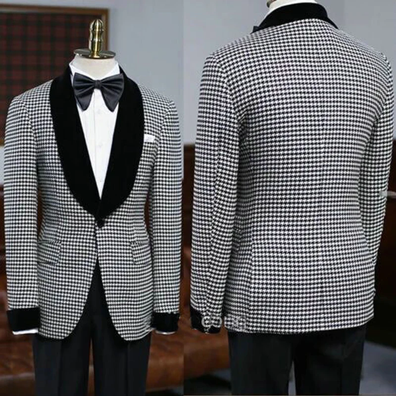 

Houndstooth Men Suits with Black Pants 2 Piece Check Male Fashion Wedding Tuxedo Shawl Lapel Slim Fit Groomsmen Costume 2021