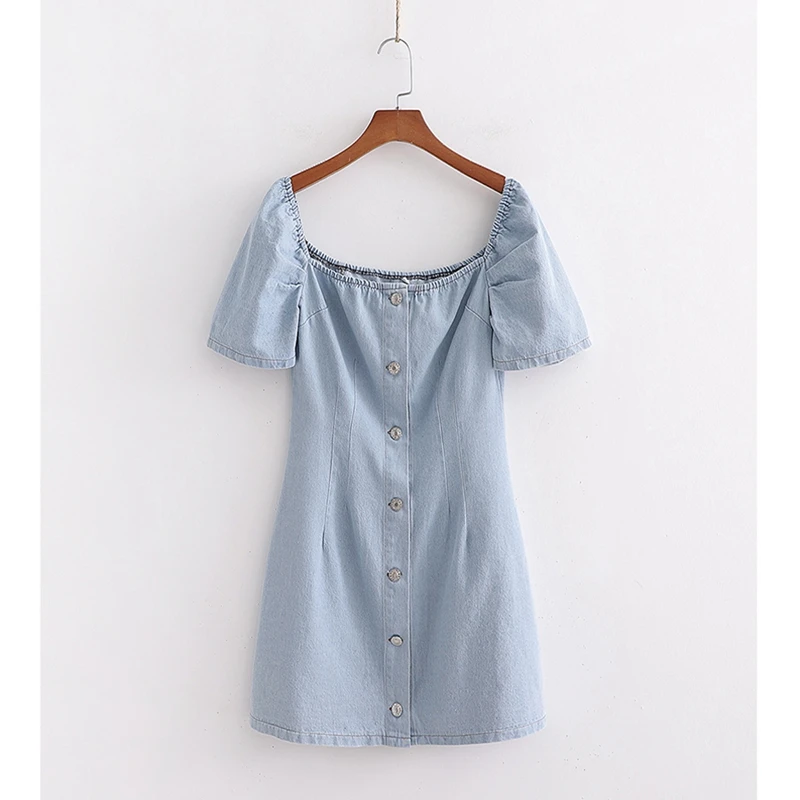 Летнее джинсовое платье с коротким рукавом и квадратным воротником Лидер продаж
