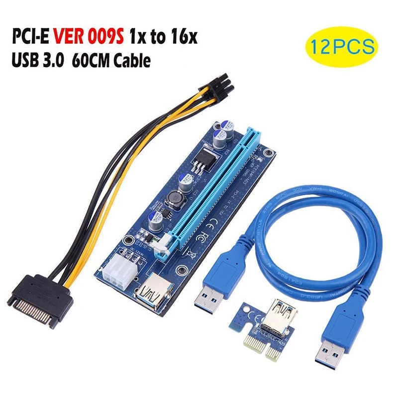

12 шт., Райзер-карта PCI-E, от 1X до 16X, USB 3,0, VER 009S, плата расширения майнинга для биткоинов