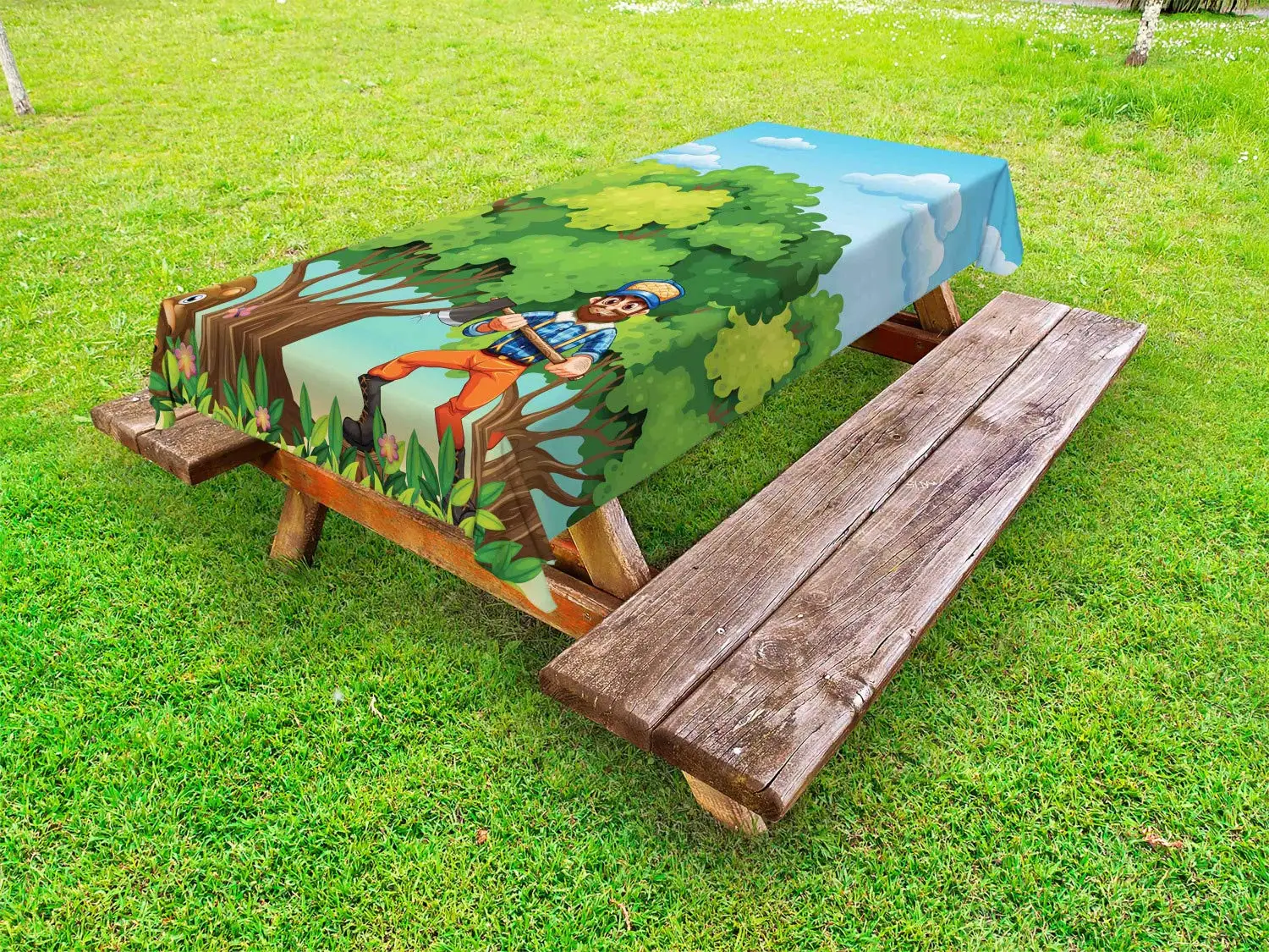 Lumberjack скатерть Мультфильм иллюстрация леса с медведем и резец дерева человек