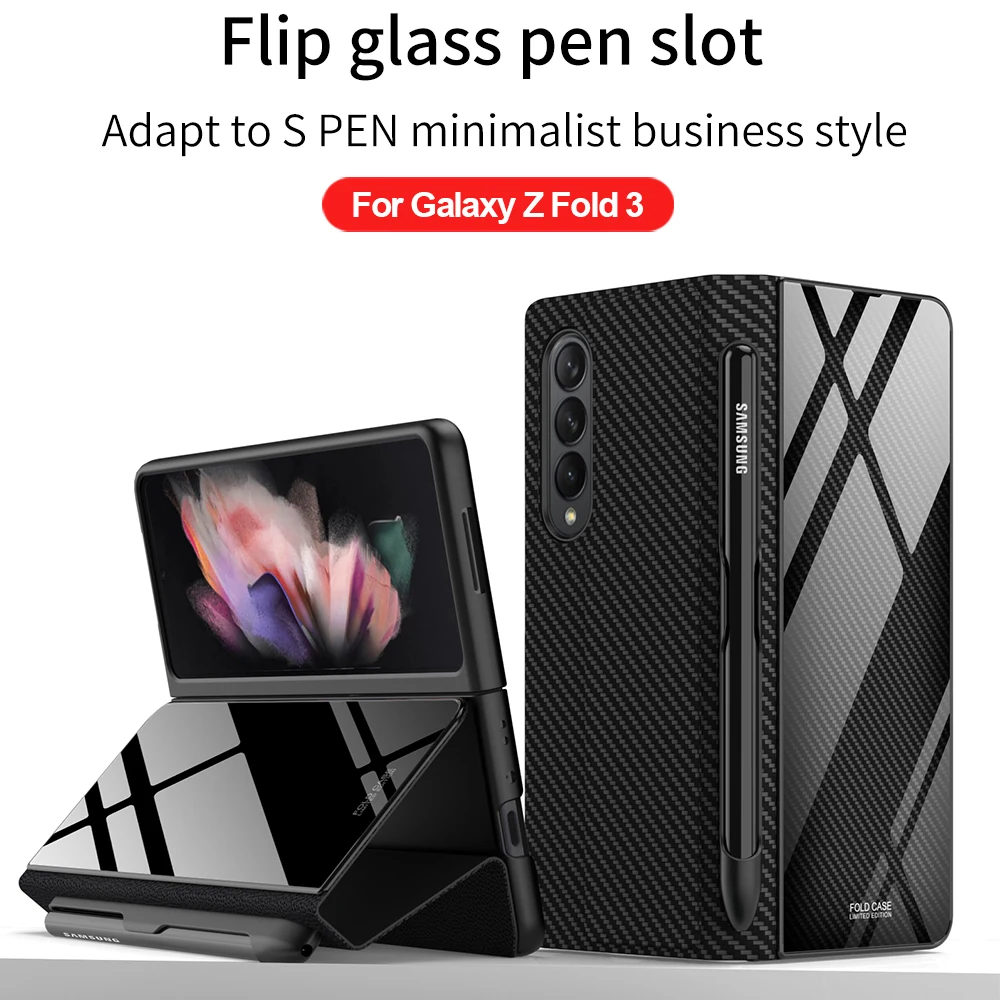 

with S Pen Slot For Samsung Galaxy Z Fold 3 5G Case Flip Leather Glass Stand Holder Hard Cover Capa For Galaxy Z Fold 3 Case