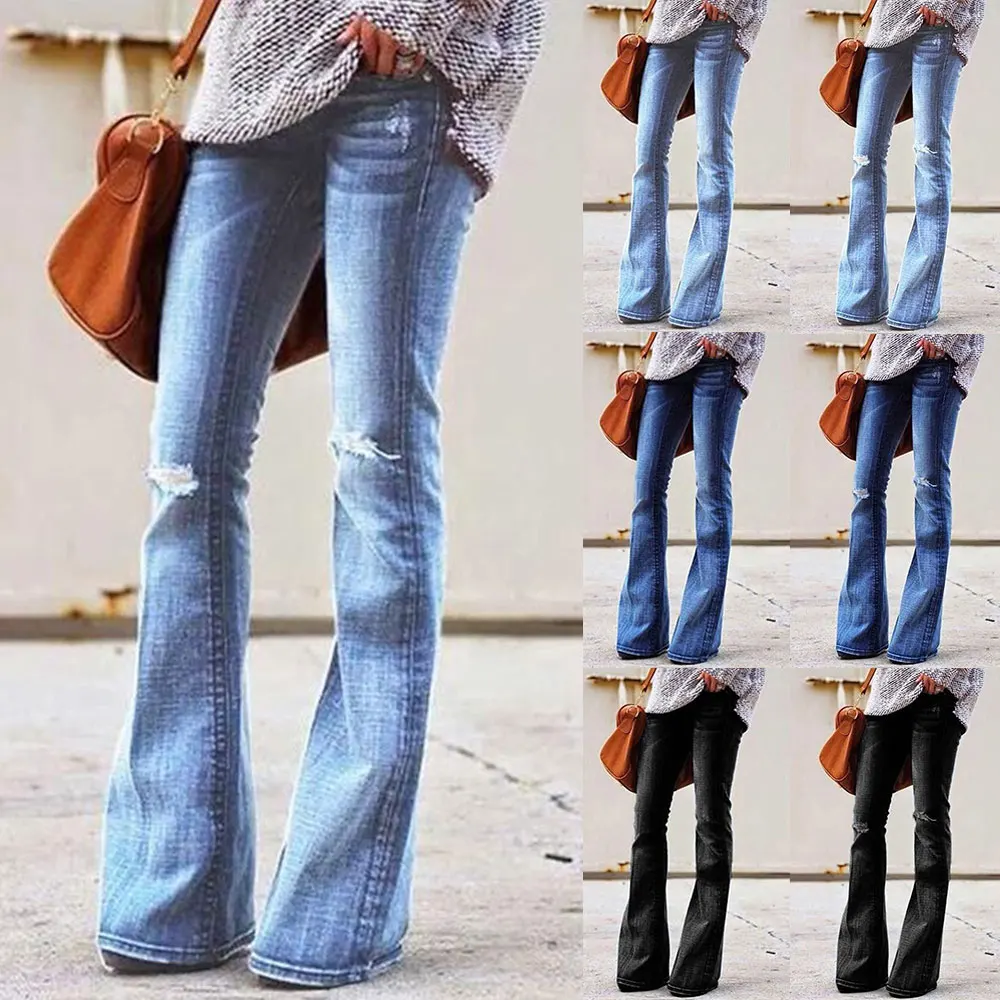 2019 женские расклешенные джинсы с высокой талией брюки бойфренда обтягивающие