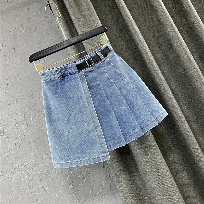 

2021 Summer New Korean Style Sweet Denim Skirt High Waist A- Line Above Knee Mini Skirt Women's Irregular Pleated Skirt Tide