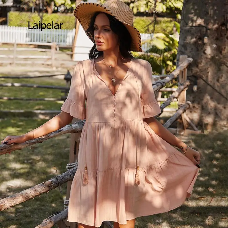 

2021 Fashion Design Mid Waist Loose Casual Spring / Summer Solid Color for Women Street Short V-Neck Dress