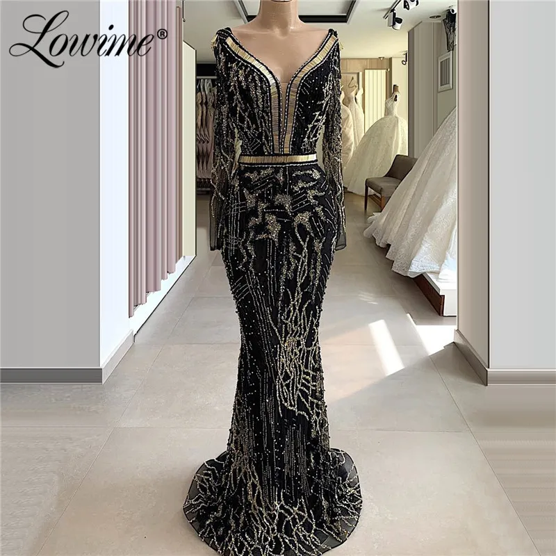 Черные мусульманские Вечерние платья с v-образным вырезом и длинными рукавами на