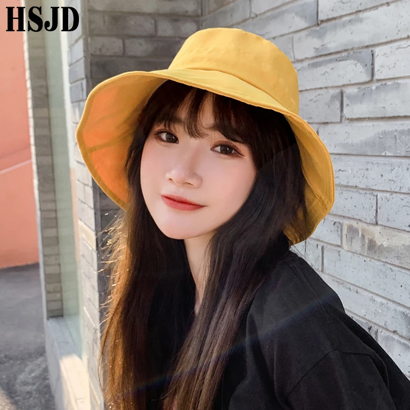 Summer Women Foldable Bucket Hat Solid Color Wide Brim Anti-UV Beach Cotton Sun Hats Female Panama Fisherman Hat Green Olives