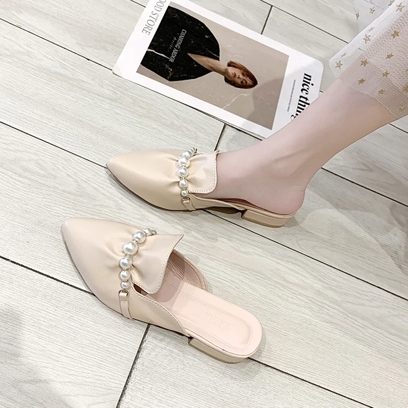 

Pointed Toe Loafers Flat Shoes Female Womens Slippers Outdoor Pantofle String Bead Slides Med Fashion Soft 2021 Summer Cover