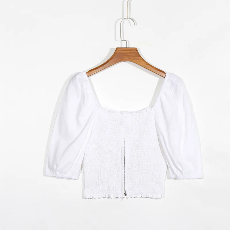 

Summer women's casual solid color square collar short sleeve slim shirt