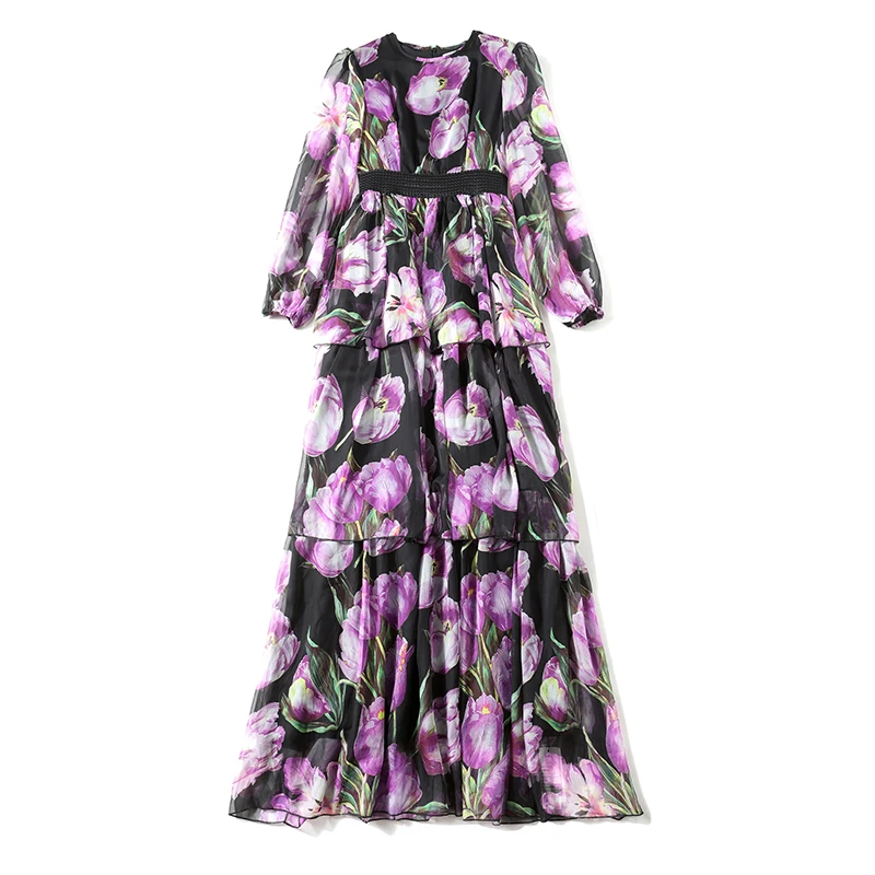 

2020 Spring Bohemian Floral Print Long Dress For Women Sexy O Neck High Waist Slim Ruffles Maxi Sundress Beach Party Vestidos