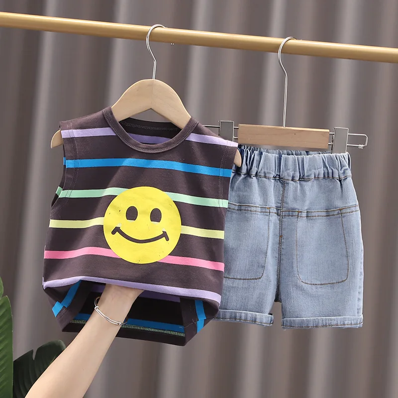 

Toddler Boy Clothes Set Child Infant Boy Cartoon Printed Vest Tops+ Denim Shorts Children Clothing for Boys 1 2 3 4 Years