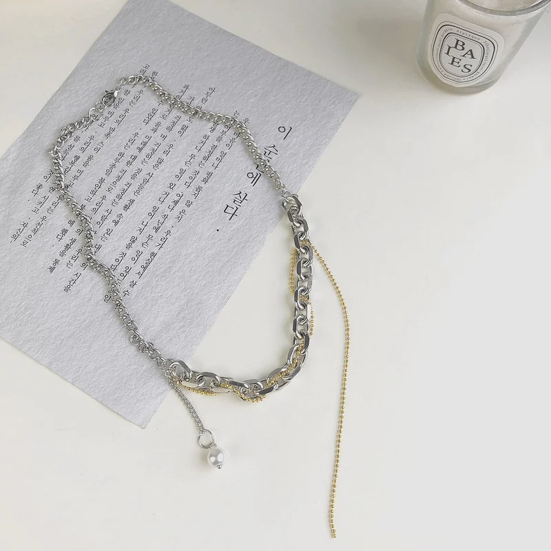 

Origin Summer Temperament Simulation Pearl Chunky Curb Chain Chokers Necklace for Women Asymmetry Metal Tassel Necklace Jewelry