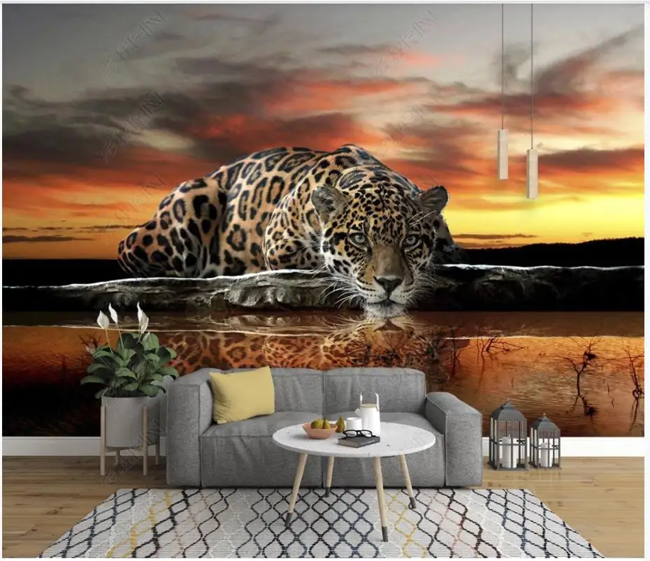 

Custom photo wallpaper for walls 3 d murals Live HD Animal Leopard Reflection Cartoon Mural Living Room TV Background Wall paper