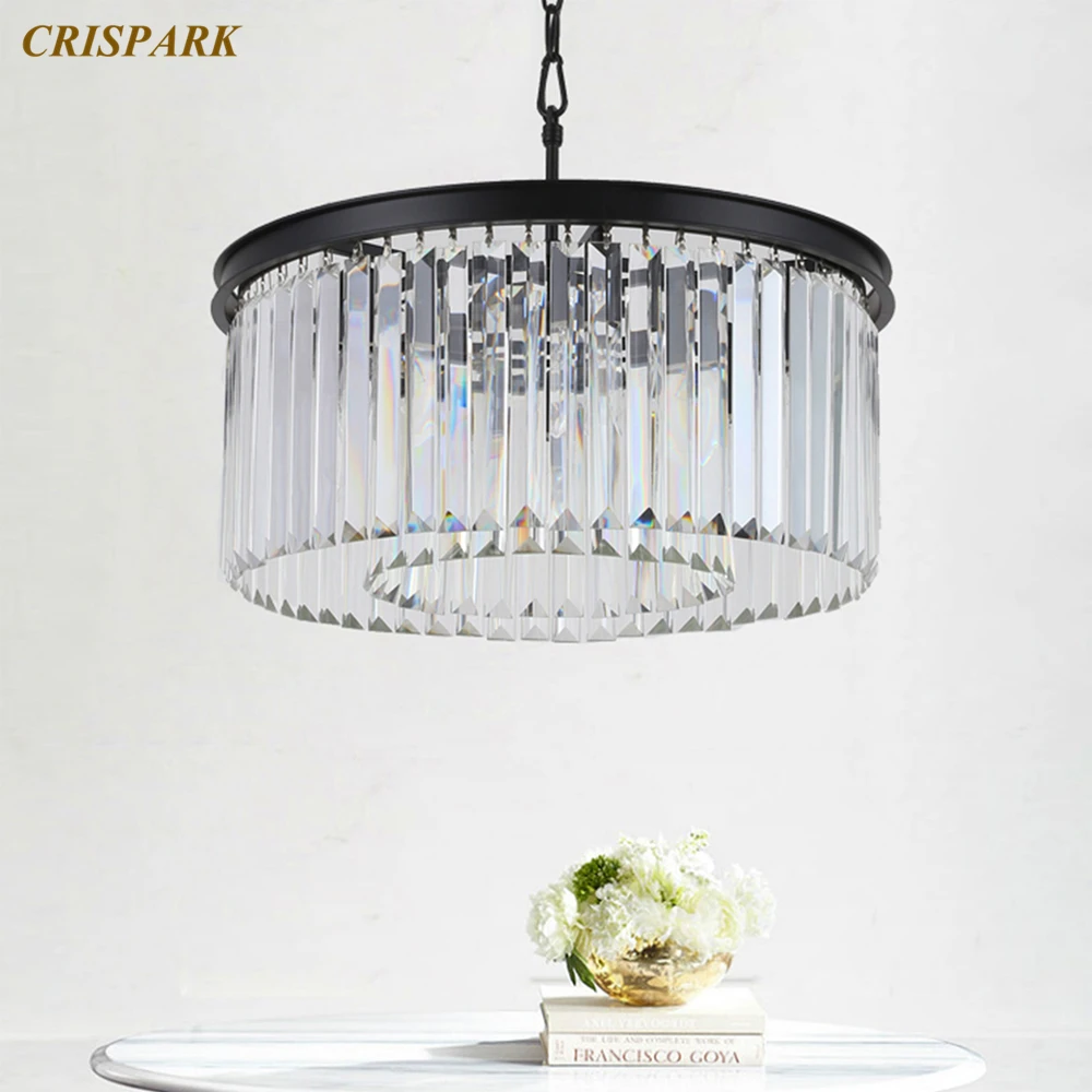

Modern Crystal Chandelier Lighting LED Retro Round Prism Crystal Black Metal Pendant Hanging Lamp for Living Room Bedroom