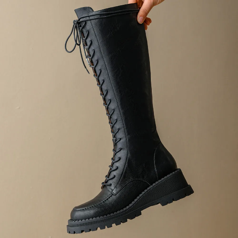 

Women's genuine leather thick sole platform autumn winter ankle boots lace-up casual punk motorcycle boots marint boots shoes