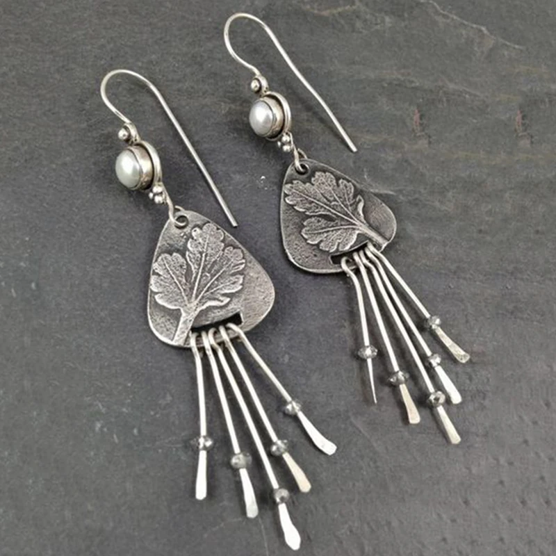 

Vintage Silver Color Metal Long Tassel Drop Earring Floral Fashion Bohemia Antique Ladies Pearl Drop Jewelry Q4D411