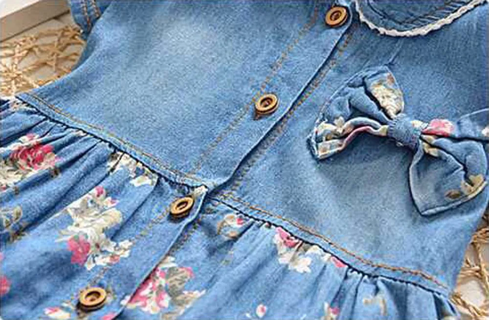 

2021 New Summer Toddler Baby Girls Floral Print Bowknot Short Sleeve Princess Denim Dress Outfit kids dresses for girls#5