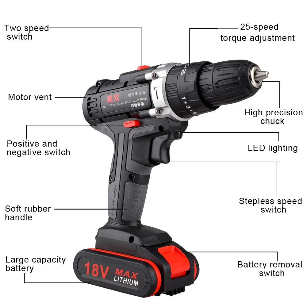 EU/US/UK Plug18V 2 Скорость аккумуляторная ударная Ударная дрель Мощность дрель драйверы Мощность Сверла Набор отверток с Пластик чехол