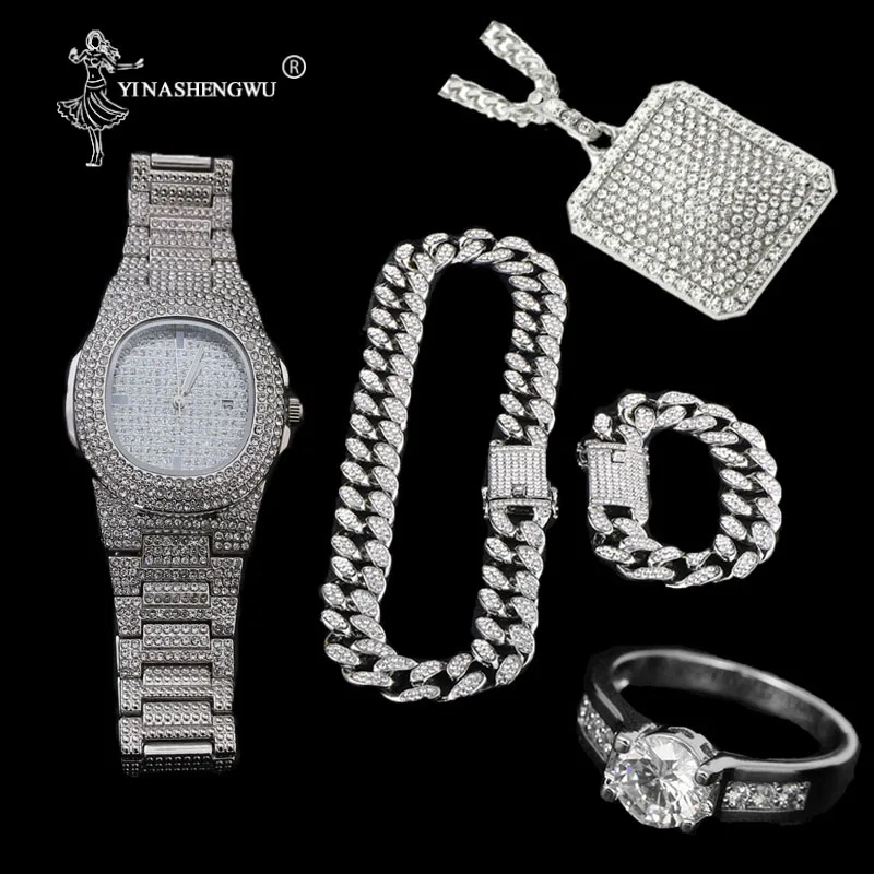 Роскошные золотистые мужские часы ожерелье кулон и браслет набор с украшением в