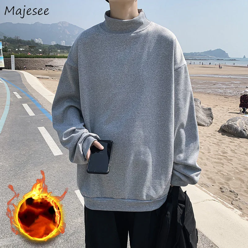 

Autumn Winter Half-turtleneck Hoodies Men Solid Long Sleeve Plus Velvet Sweatshirts Couple All-match Classic Students Hoodie Ins