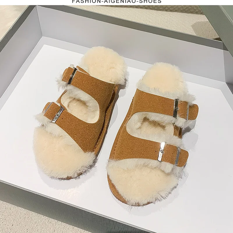 

2021 Winter New Thick-soled Word Belt Plus Velvet Thick Plush Wool Shoes All-match Outer Wear Flat Lamb Wool Slippers Women