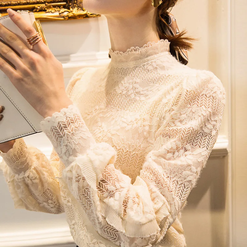 

French Retro Court Lace Bottoming Shirt Women 2021 Spring Fhion Stand Full Sleeve Top Slimming Sweet Elegance Pullover All-match