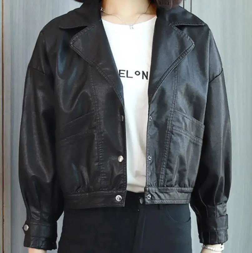 

Spring and Autumn New Stand Collar Women Loose Sheepskin Motorcycle Leather Jacket Trend Female Fashion Casual Coat S-2XL