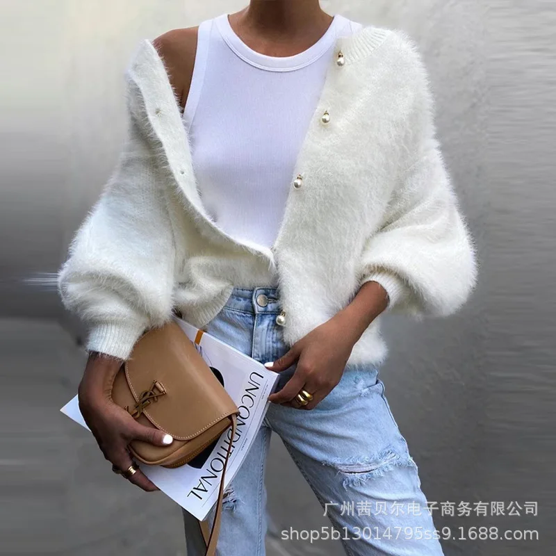 

Женский вязаный кардиган, элегантный белый свободный свитер с длинными рукавами, воротником-стойкой, жемчужинами и пуговицами, Осень-зима