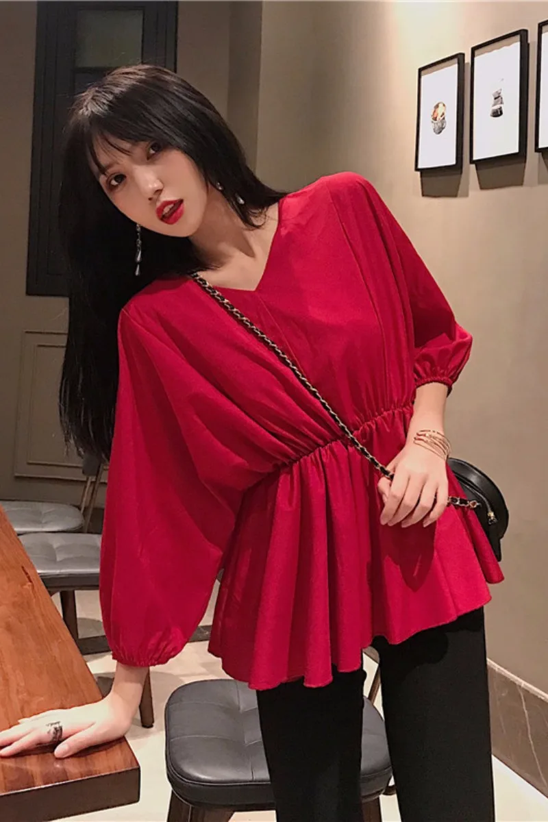

2020 Spring Red Shirt With New Clavicle Top Design Sense Small Foreign Chiffon Women's Shirt