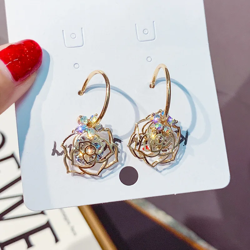 Женские серьги с цирконом золотого цвета в форме цветка розы свадебный