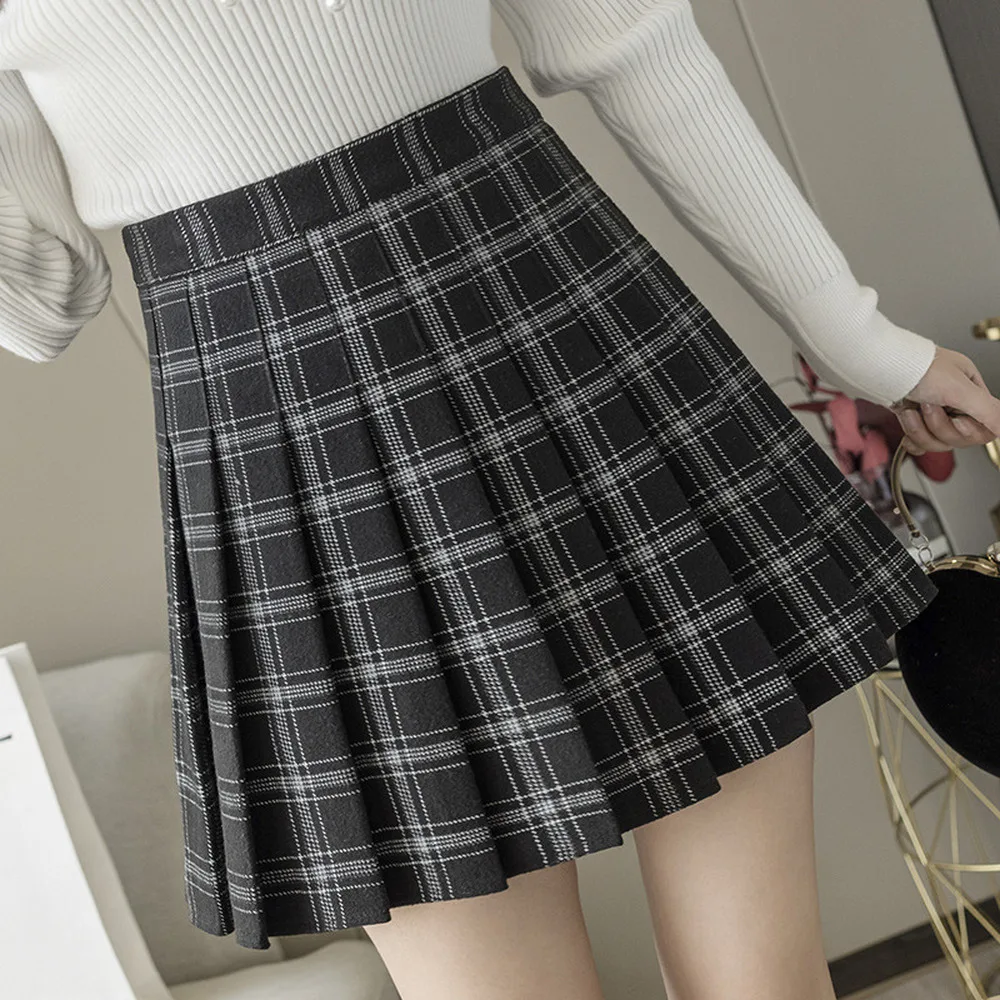 

2020 Autumn Winter Woolen Skirt Women A-line Plaid Draped Skirts High Quality High Waist Short Female Skirts Vintage New