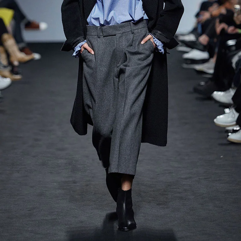 

woolen Men's casual pants British winter new high-end personality simple youth straight cropped trousers woolen trousers