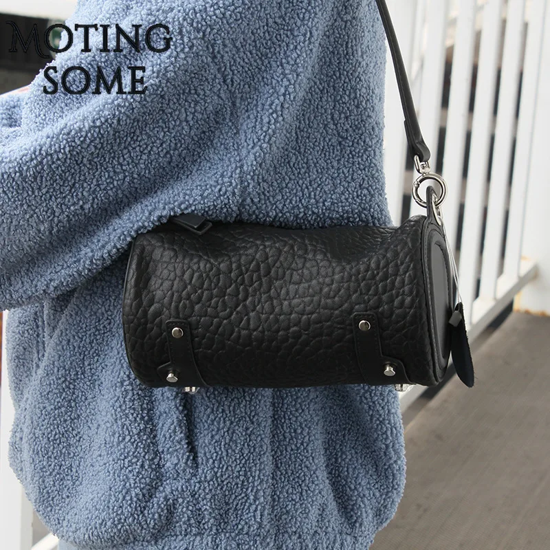 

High Quality Genuine Leather Women Shoulder Bag Sheep Skin Leather Barrel-shaped Handbags and Purses Black Messenger Bag 2021