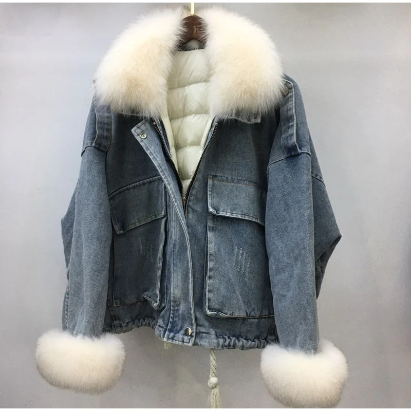 Зимние женские джинсовые Пуховики с воротником из искусственного меха