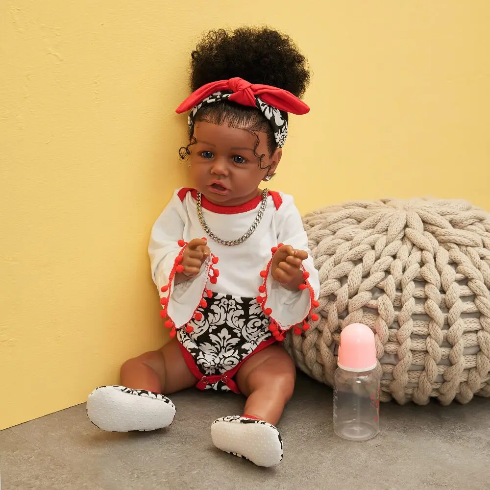 

22'' Lifelike Reborn Handmade African American Doll Black Hair Blue Eyes Saskia