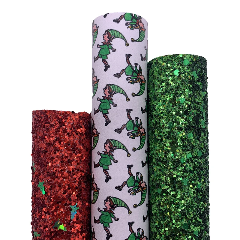 3PCS/SET Christmas Red and Green Glitter Vinyl Fabric Matching with Elfs Printed Faux Leather For Bows Earrings DIY 21X29CMQ128
