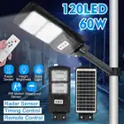 Уличный светильник на солнечной батарее, 120 светодиодов, 60 Вт, сверхъяркий настенный радар, Пассивный инфракрасный датчик движения, охранные лампы с дистанционным управлением для сада