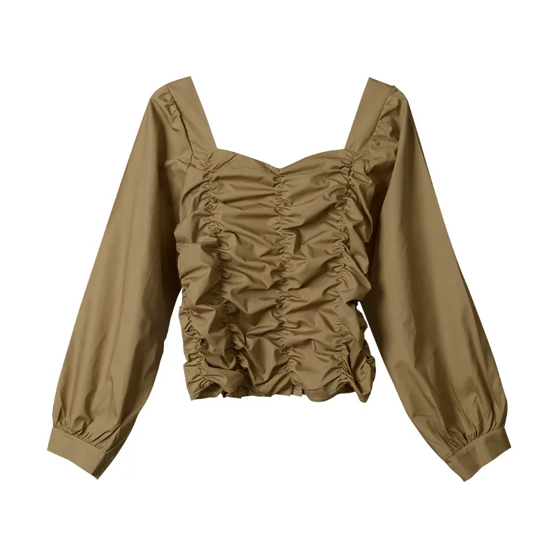 

Women Spring Autumn Slim Black Square Collar Puff Sleeve Short Shirt Ladies Solid Color Blouses Female Brand Casual Tops ZM428