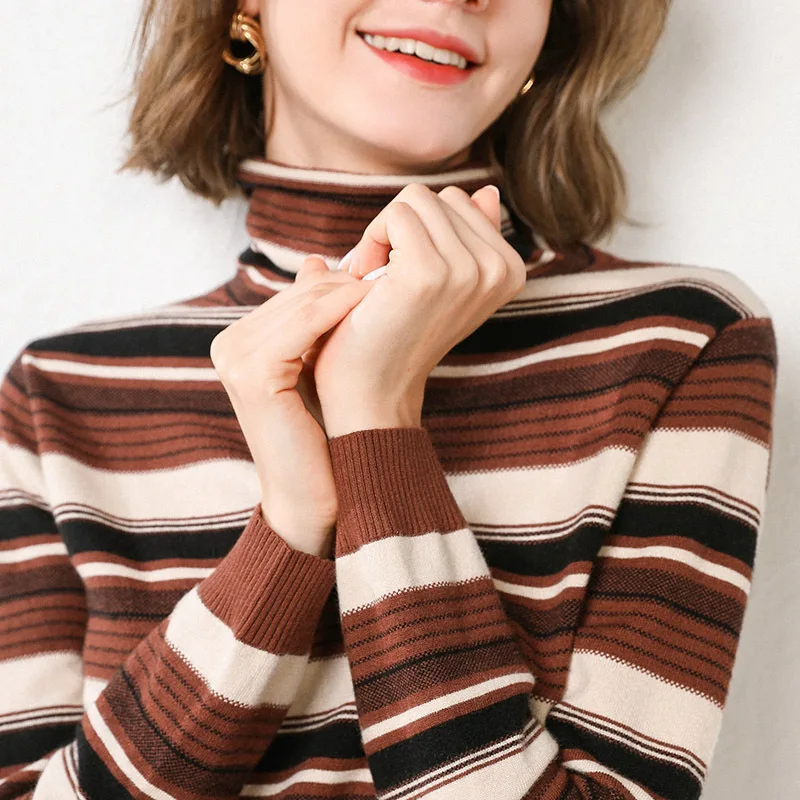Fall/winter 2019 new high-necked striped base shirt ladies warm sweater knit pullover long sleeve Cashmere | Женская одежда