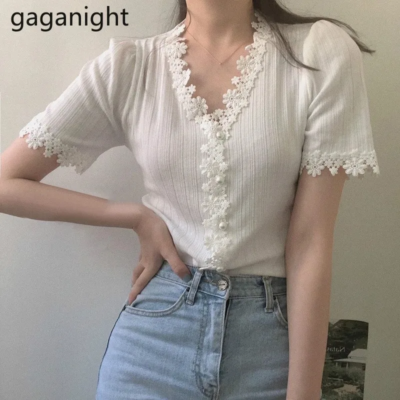 Gaganight Fashion Women Lace Knitted T Shirt Short Sleeve Cardigan Stretchy Office Lady White Black Tshirt Slim Korean Tshirts | Женская