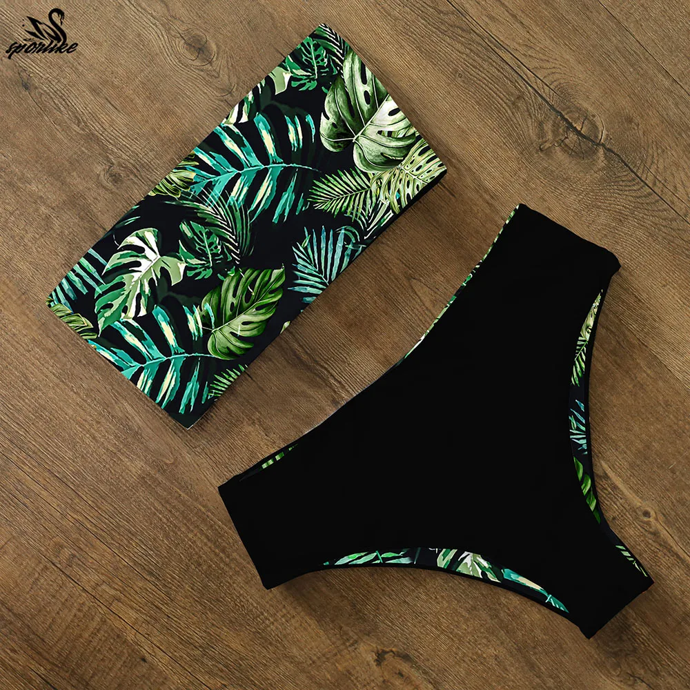 

Bikini 2021 Swimwear Swimsuit Women Print High Waist Bikini Set Back Cross Bandeau Bathing Suit Female Beach Wear Biquini