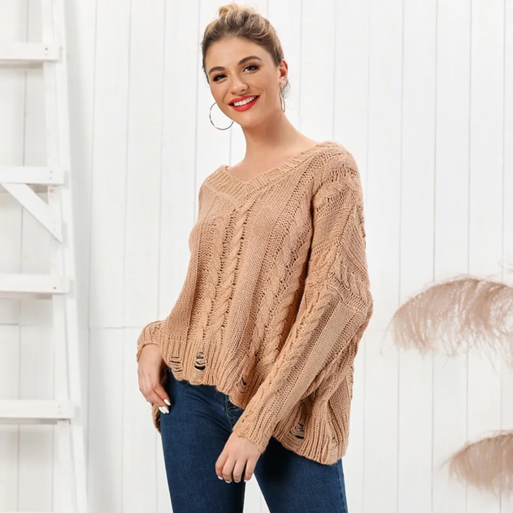 New Women Block Hole Solid Sweater Knitwear V-Neck Long Sleeve Stylish Pullover Casual knitting Soft Tops | Женская одежда