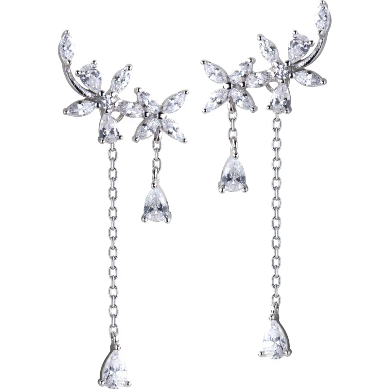 

925 Sterling Silver Flower Shape Tassel Drop Dangle Earrings Jewelry Temperament Jewelry For Women Gift