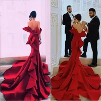 Elegant Red Evening Dresses Mermaid Strapless Cap Sleeve Ruffles With Train Prom Sexy Bow Backless Part Dress Gowns