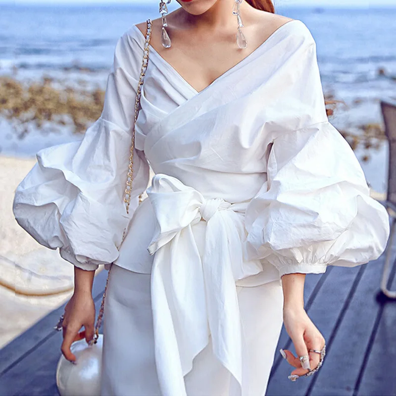 Блузка женская с рукавами фонариками бантом и V образным вырезом|Блузки| |