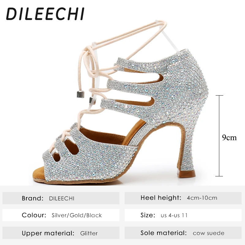 Туфли DILEECHI для латиноамериканских танцев серебристые золотистые туфли бальных